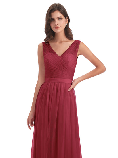 Mila Floor Length V-Neck Tulle Bridesmaid Dresses