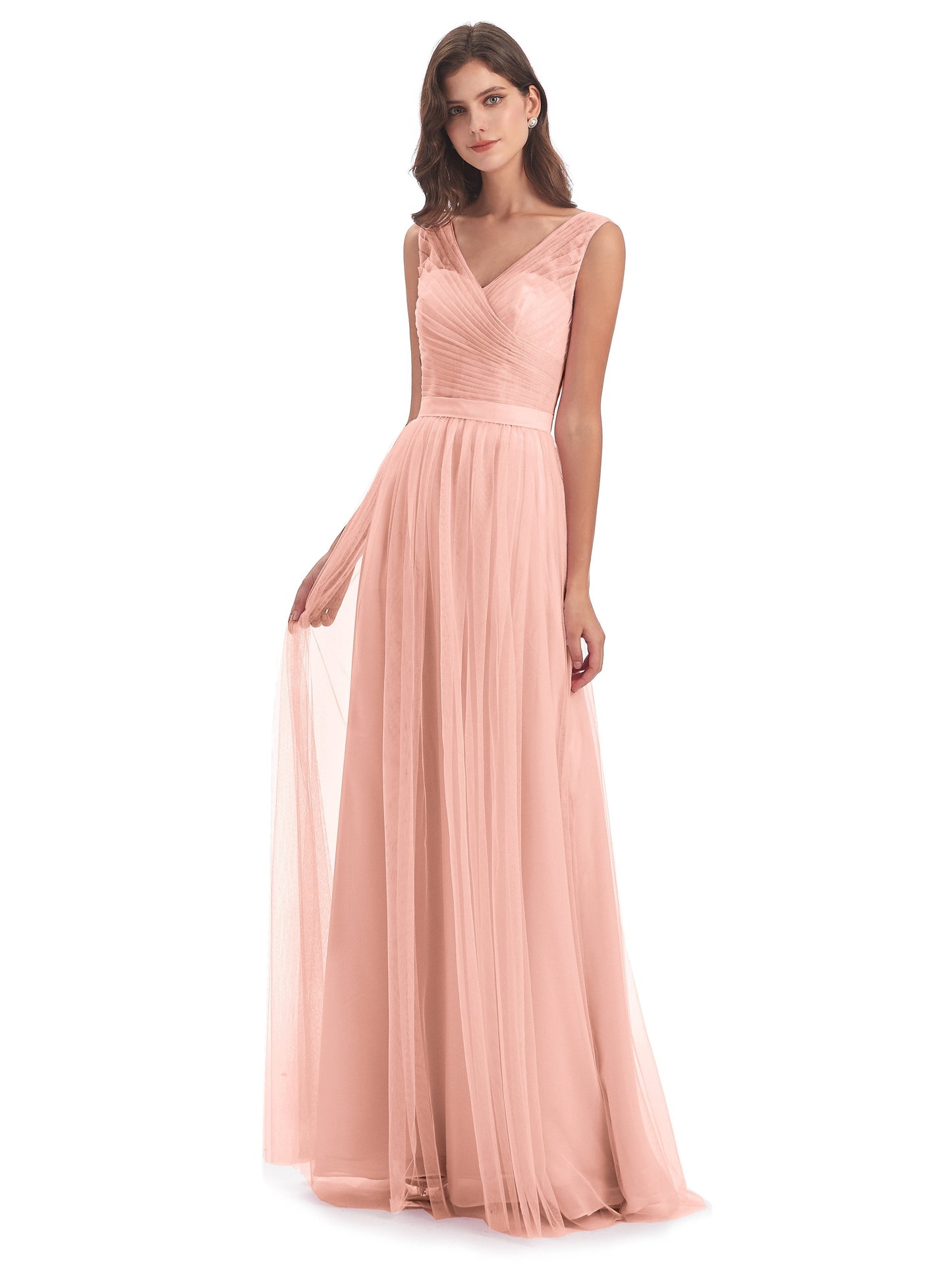 Mila Floor Length V-Neck Tulle Bridesmaid Dresses