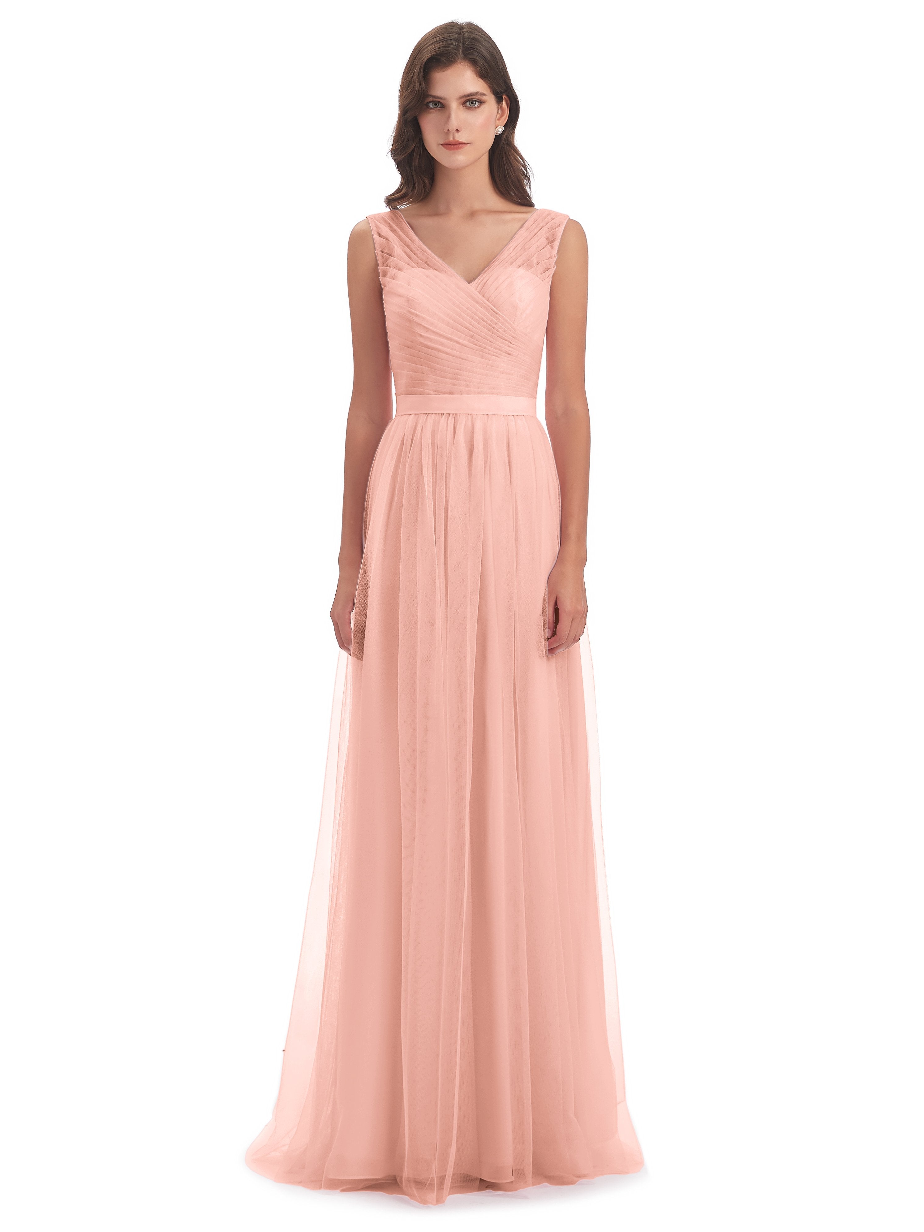 Mila Floor Length V-Neck Tulle Bridesmaid Dresses