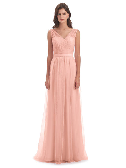 Mila Floor Length V-Neck Tulle Bridesmaid Dresses