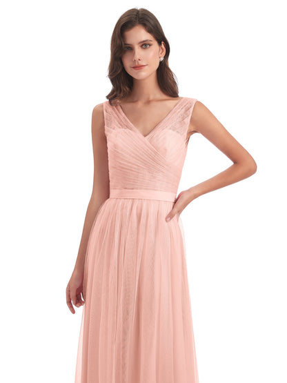 Mila Floor Length V-Neck Tulle Bridesmaid Dresses
