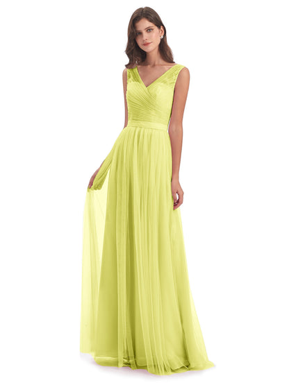 Mila Floor Length V-Neck Tulle Bridesmaid Dresses