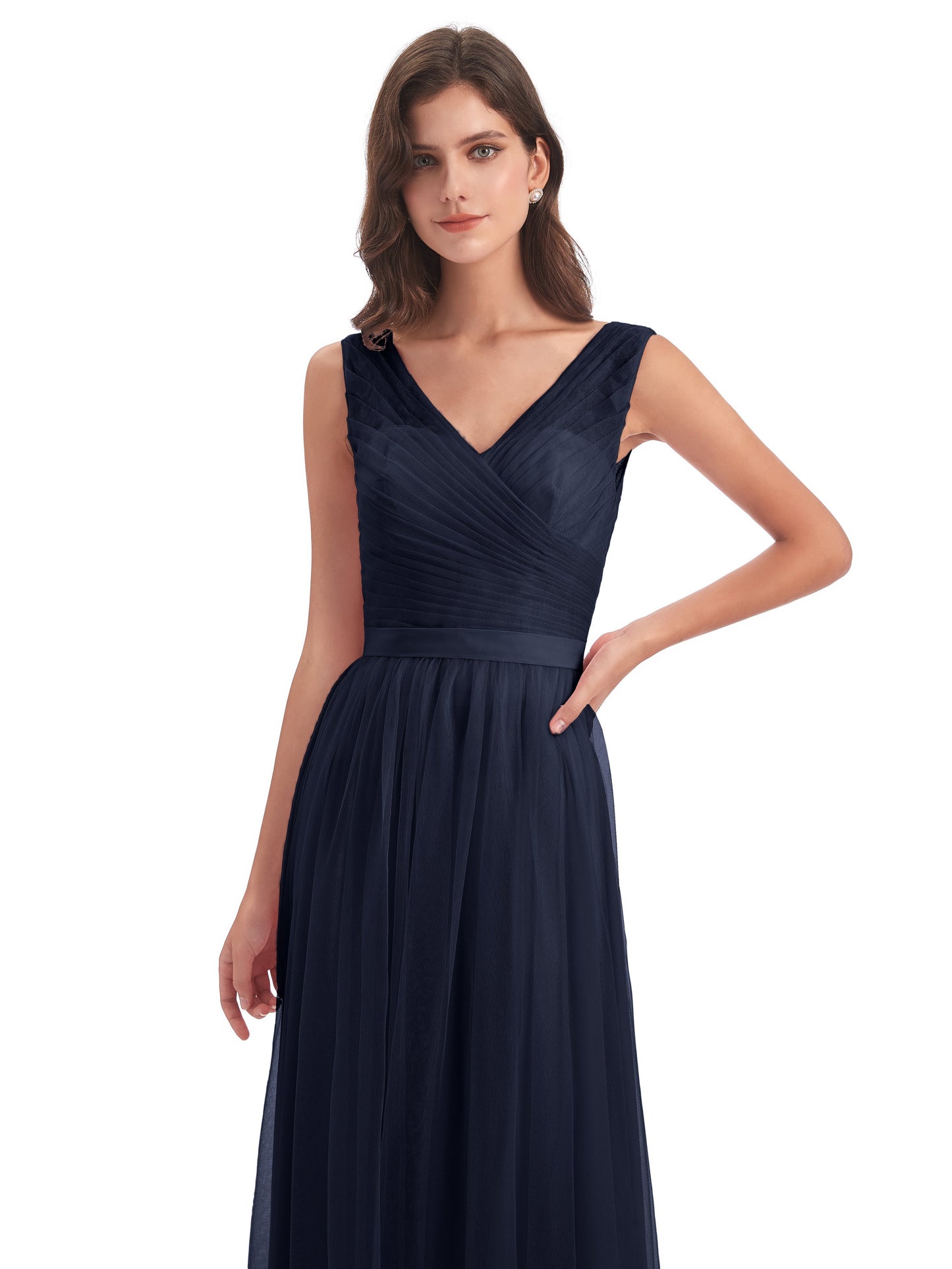Mila Floor Length V-Neck Tulle Bridesmaid Dresses