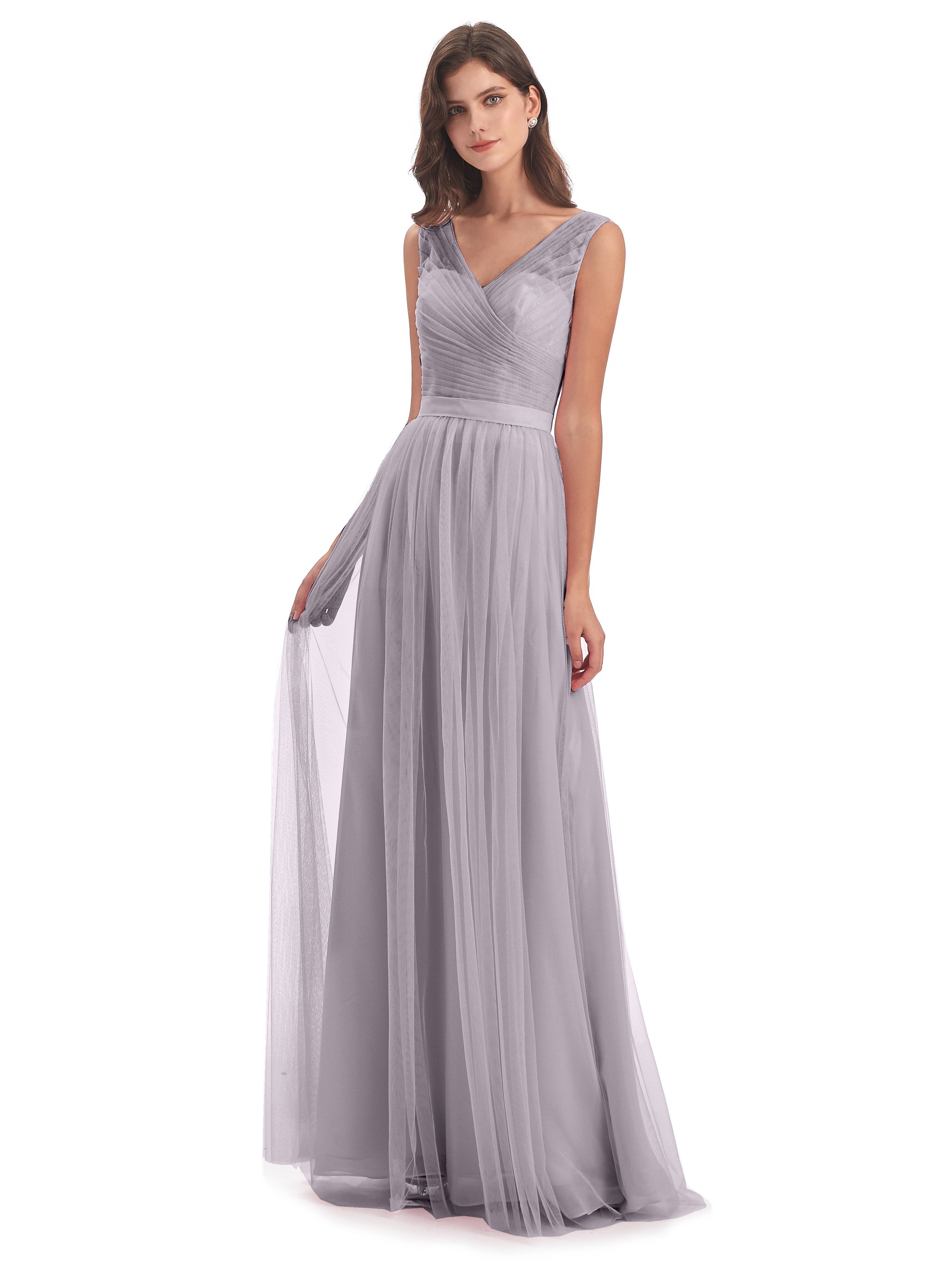 Mila Floor Length V-Neck Tulle Bridesmaid Dresses
