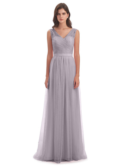 Mila Floor Length V-Neck Tulle Bridesmaid Dresses