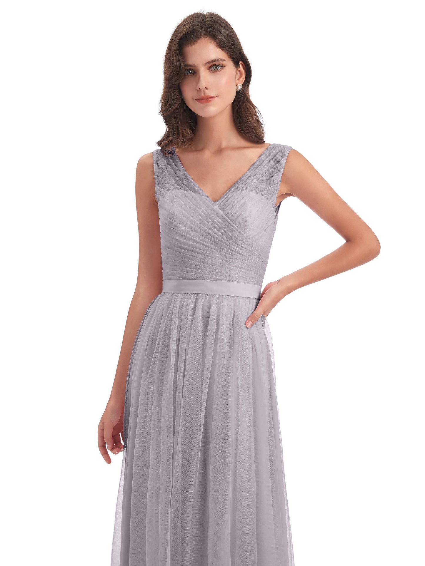 Mila Floor Length V-Neck Tulle Bridesmaid Dresses
