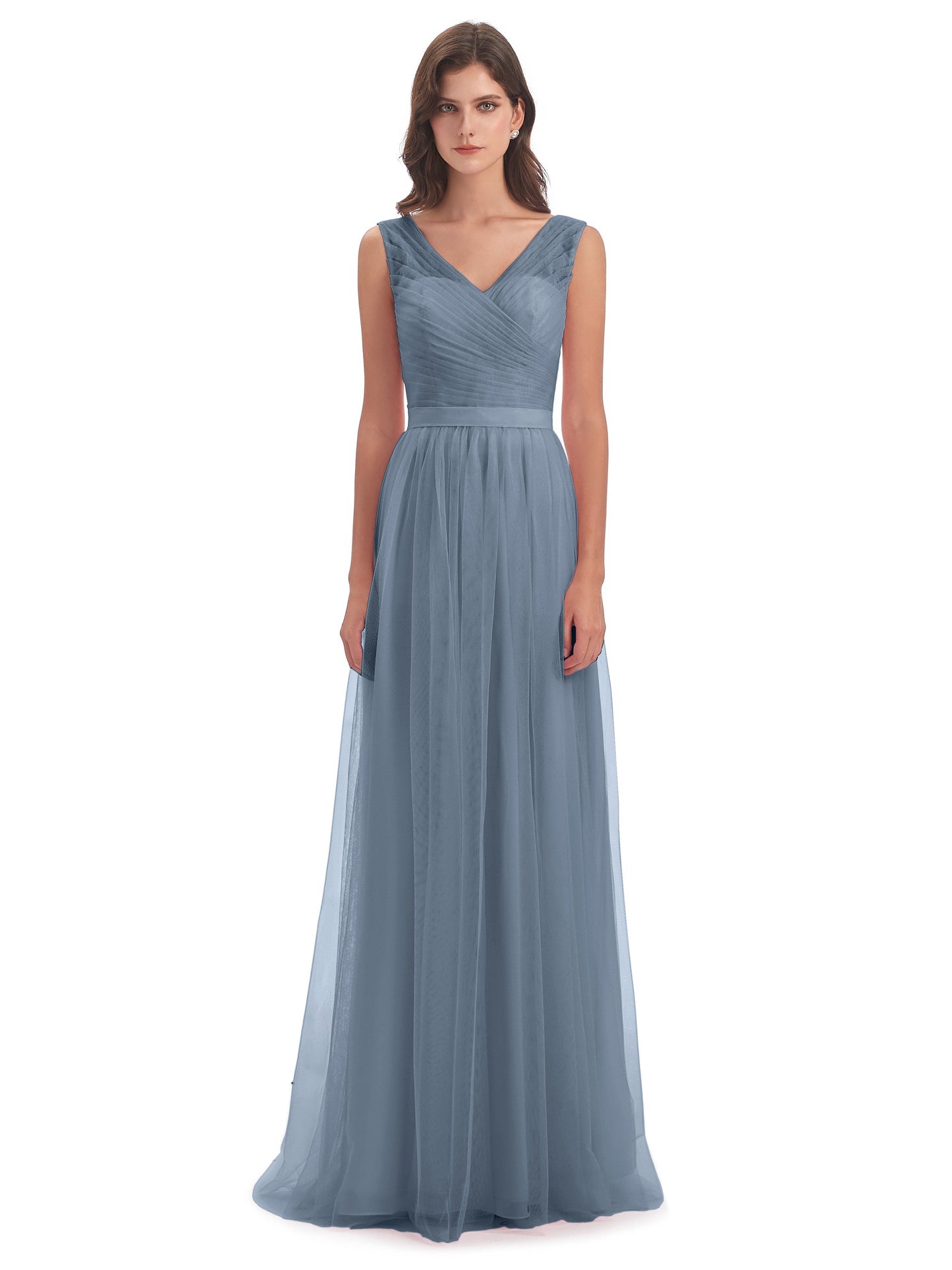 Mila Floor Length V-Neck Tulle Bridesmaid Dresses