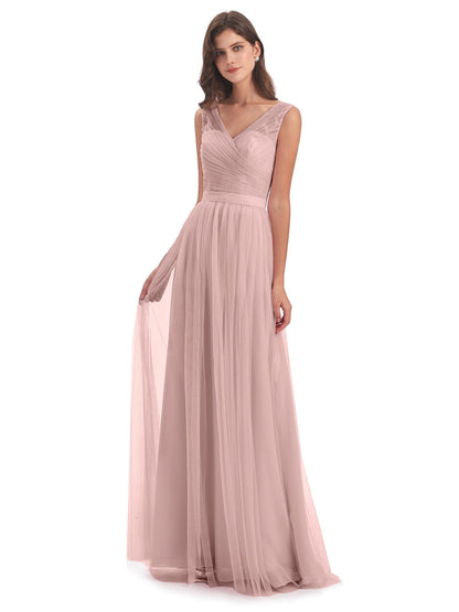 Mila Floor Length V-Neck Tulle Bridesmaid Dresses