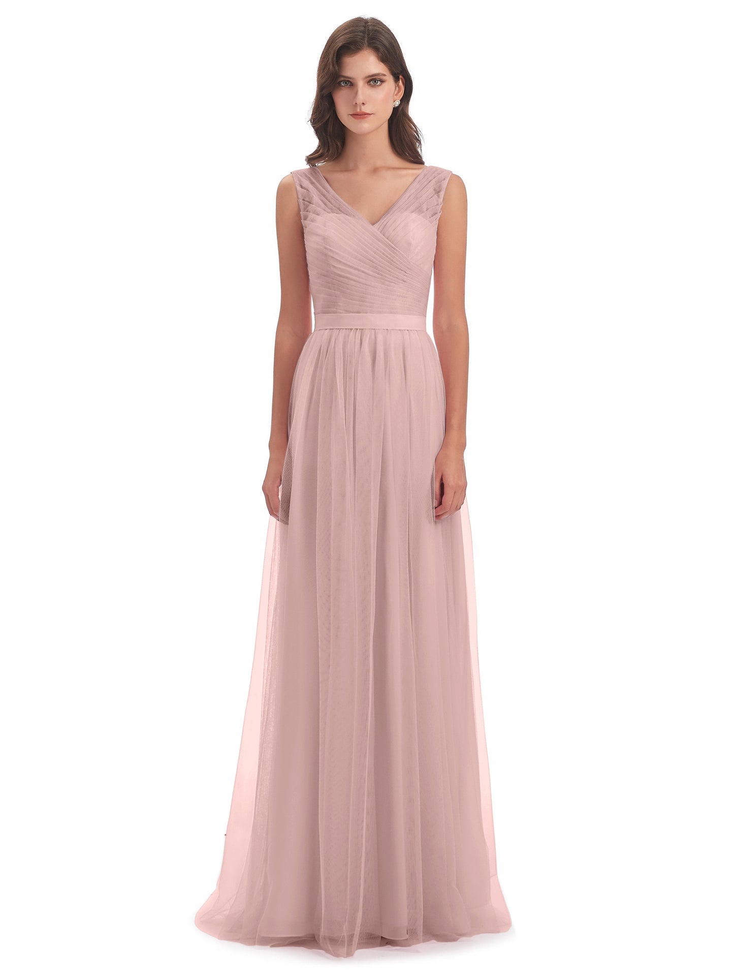 Mila Floor Length V-Neck Tulle Bridesmaid Dresses