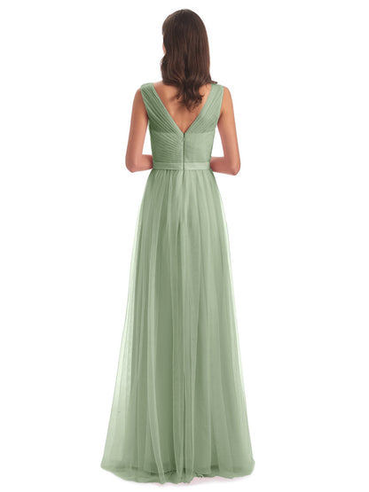 Mila Floor Length V-Neck Tulle Bridesmaid Dresses