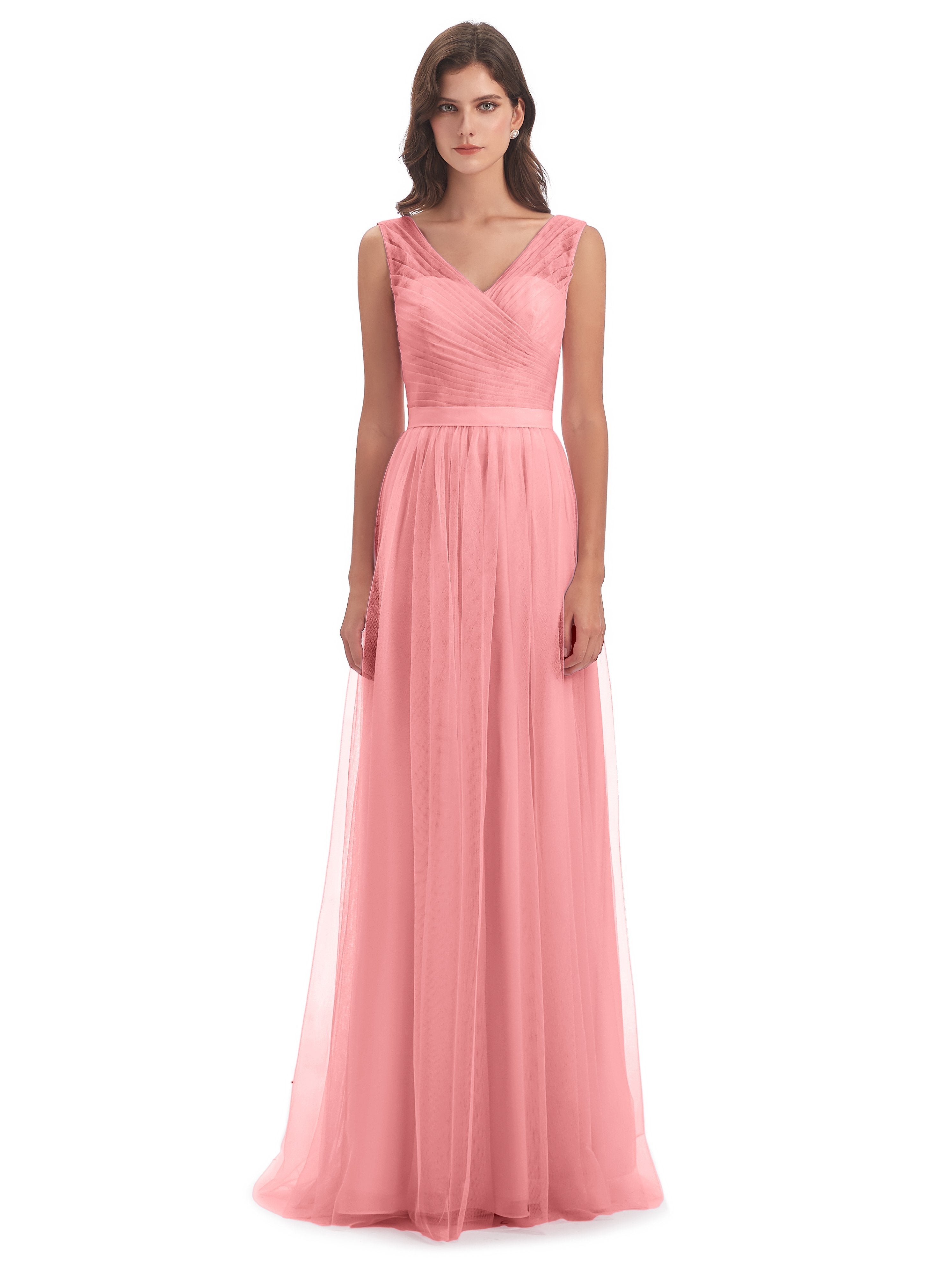 Mila Floor Length V-Neck Tulle Bridesmaid Dresses