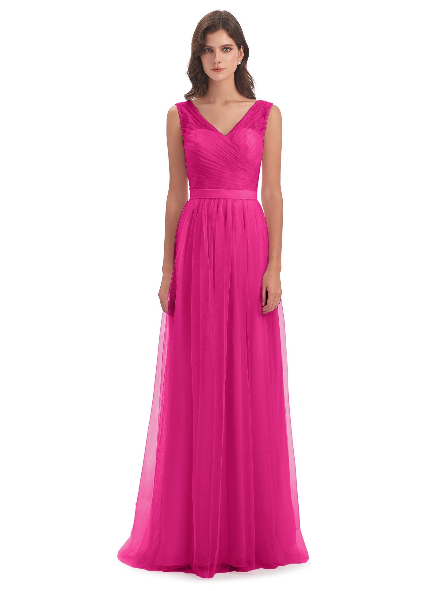 Mila Floor Length V-Neck Tulle Bridesmaid Dresses