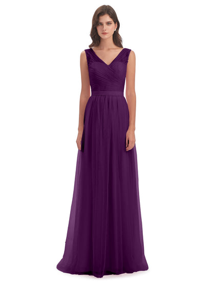 Mila Floor Length V-Neck Tulle Bridesmaid Dresses