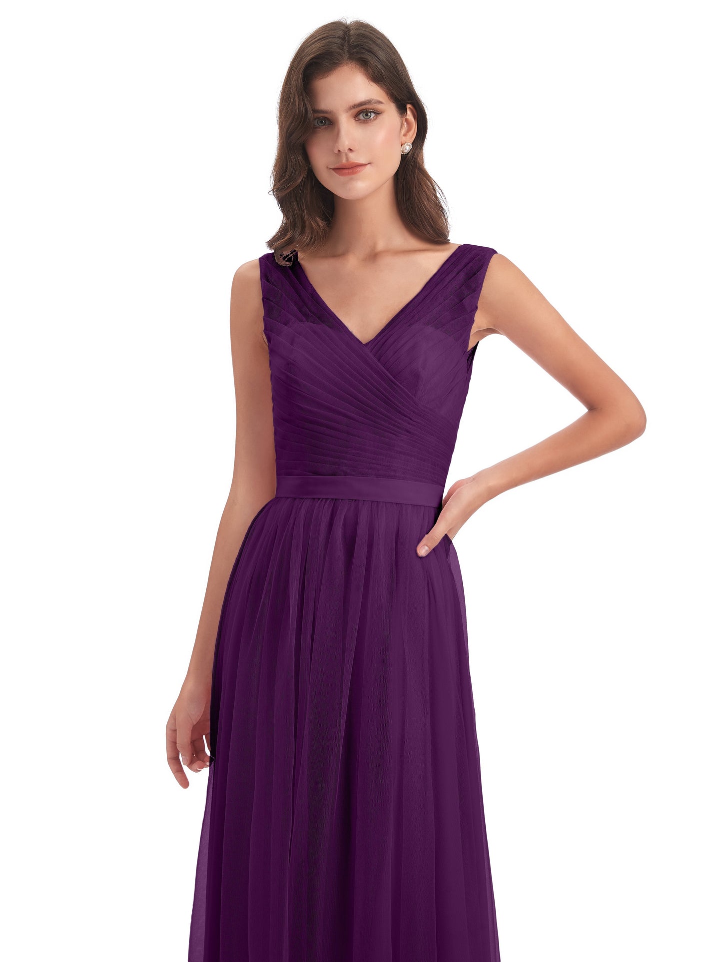 Mila Floor Length V-Neck Tulle Bridesmaid Dresses