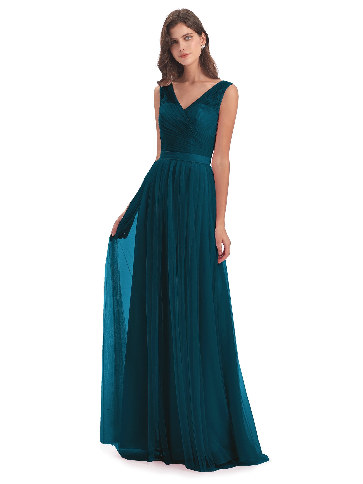 Mila Floor Length V-Neck Tulle Bridesmaid Dresses