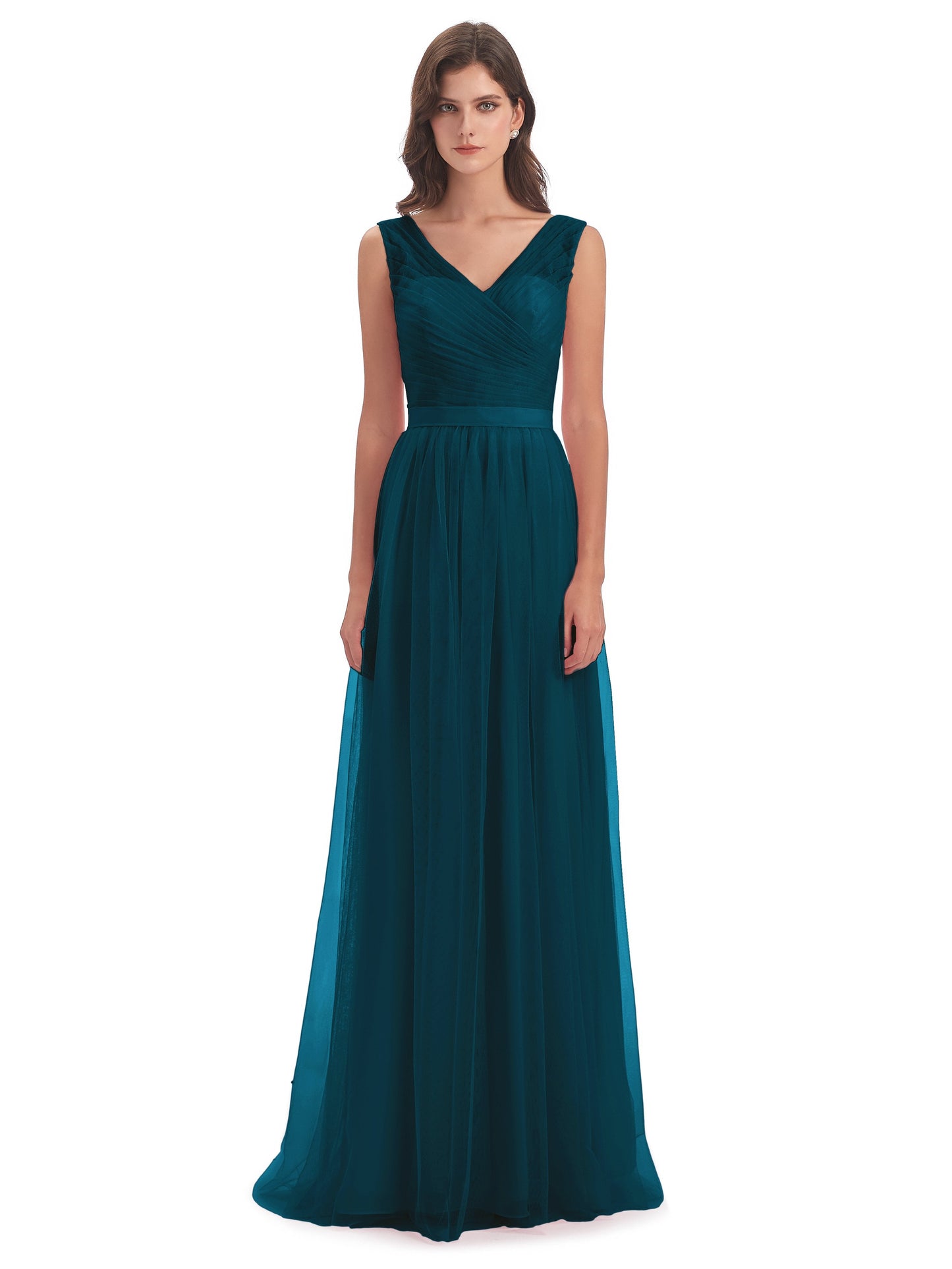 Mila Floor Length V-Neck Tulle Bridesmaid Dresses