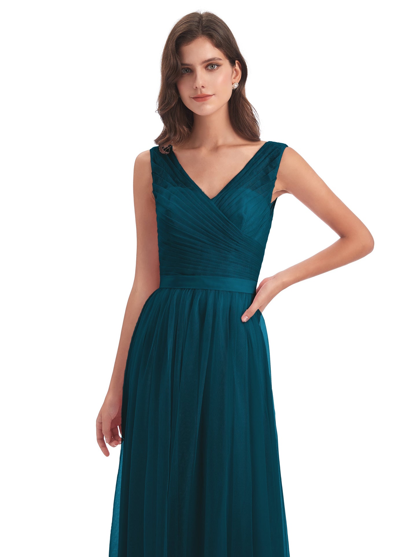 Mila Floor Length V-Neck Tulle Bridesmaid Dresses
