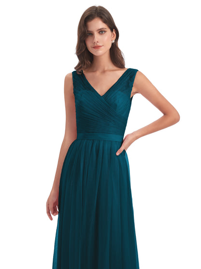 Mila Floor Length V-Neck Tulle Bridesmaid Dresses
