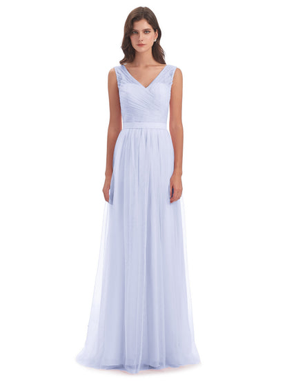 Mila Floor Length V-Neck Tulle Bridesmaid Dresses