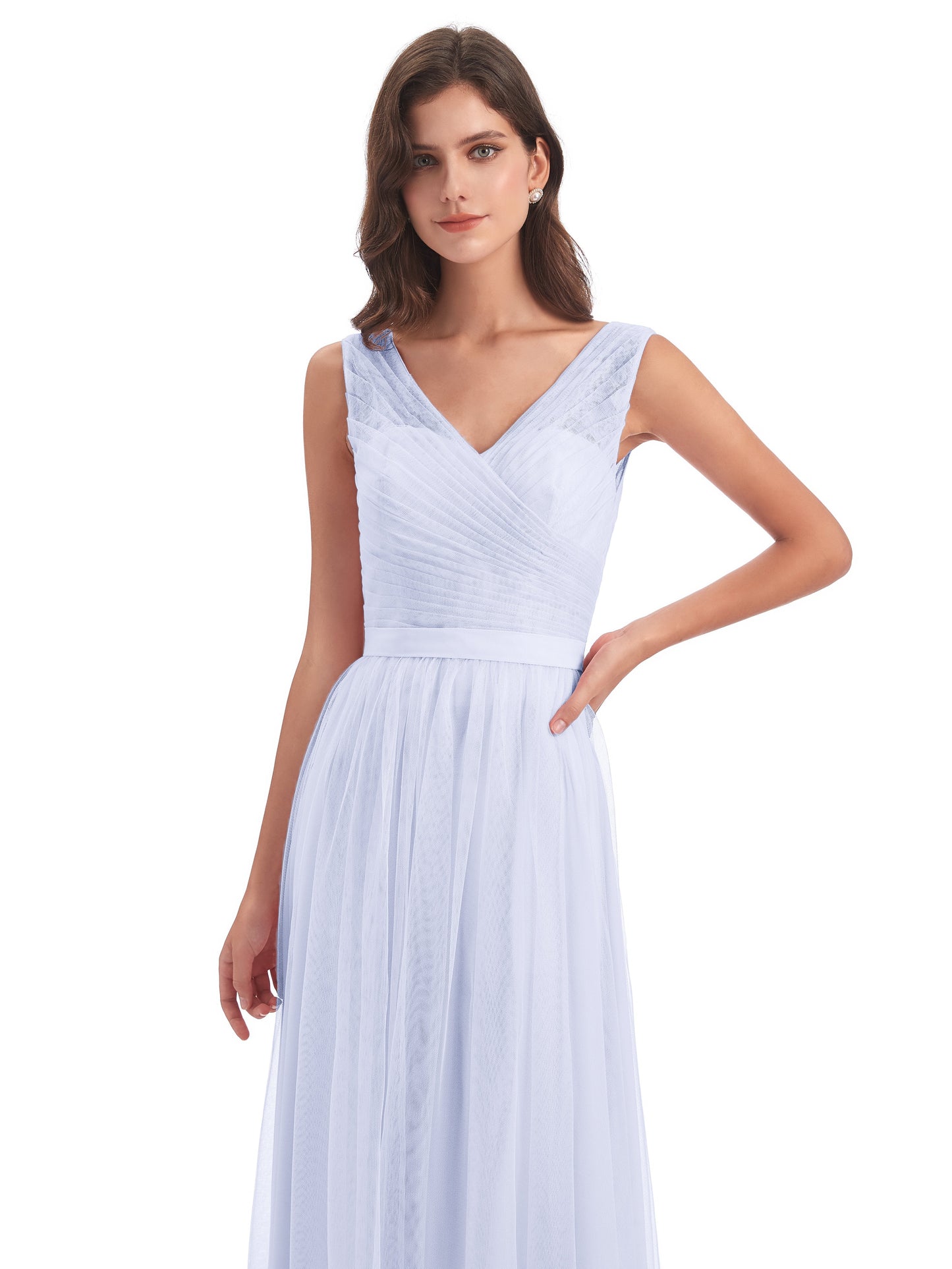 Mila Floor Length V-Neck Tulle Bridesmaid Dresses