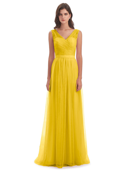 Mila Floor Length V-Neck Tulle Bridesmaid Dresses