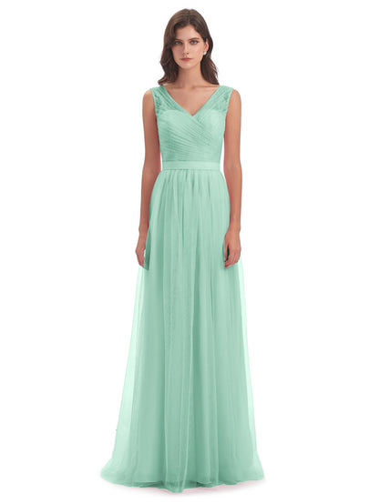 Mila Floor Length V-Neck Tulle Bridesmaid Dresses