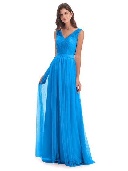 Mila Floor Length V-Neck Tulle Bridesmaid Dresses