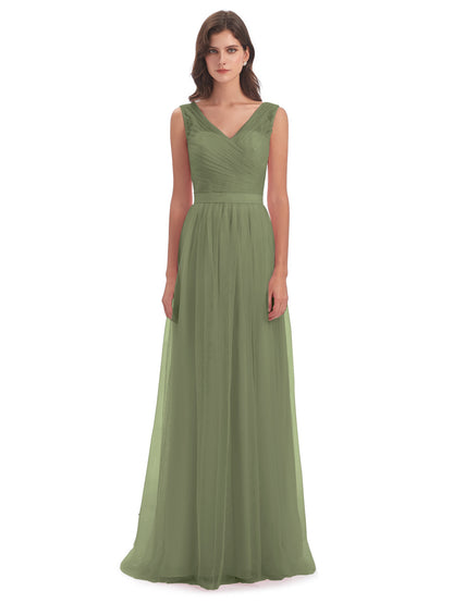 Mila Floor Length V-Neck Tulle Bridesmaid Dresses