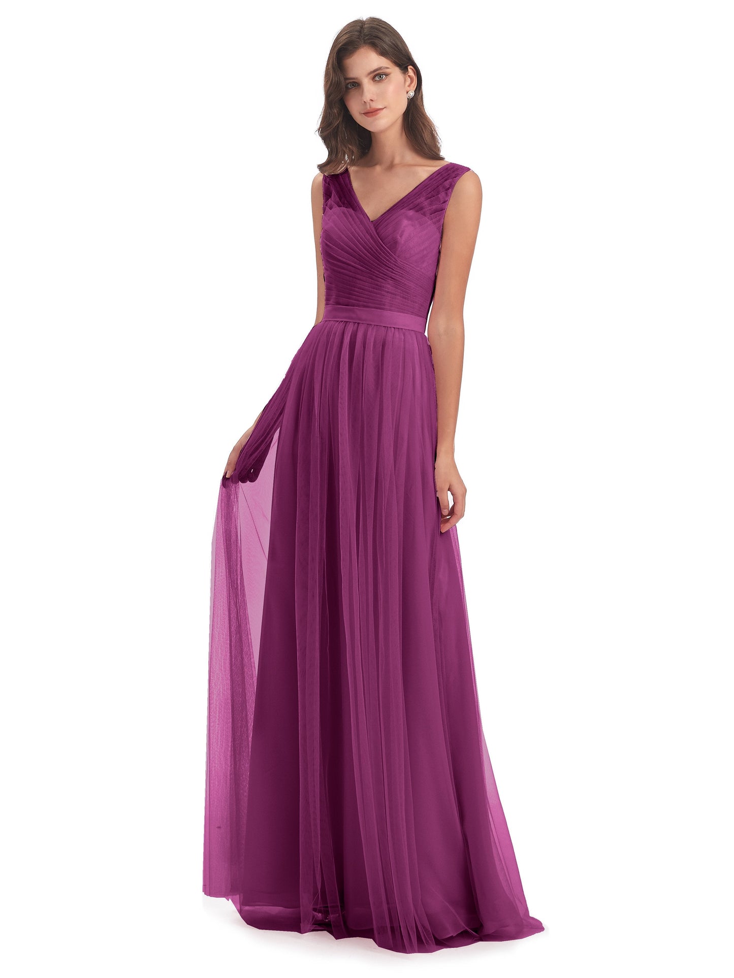 Mila Floor Length V-Neck Tulle Bridesmaid Dresses