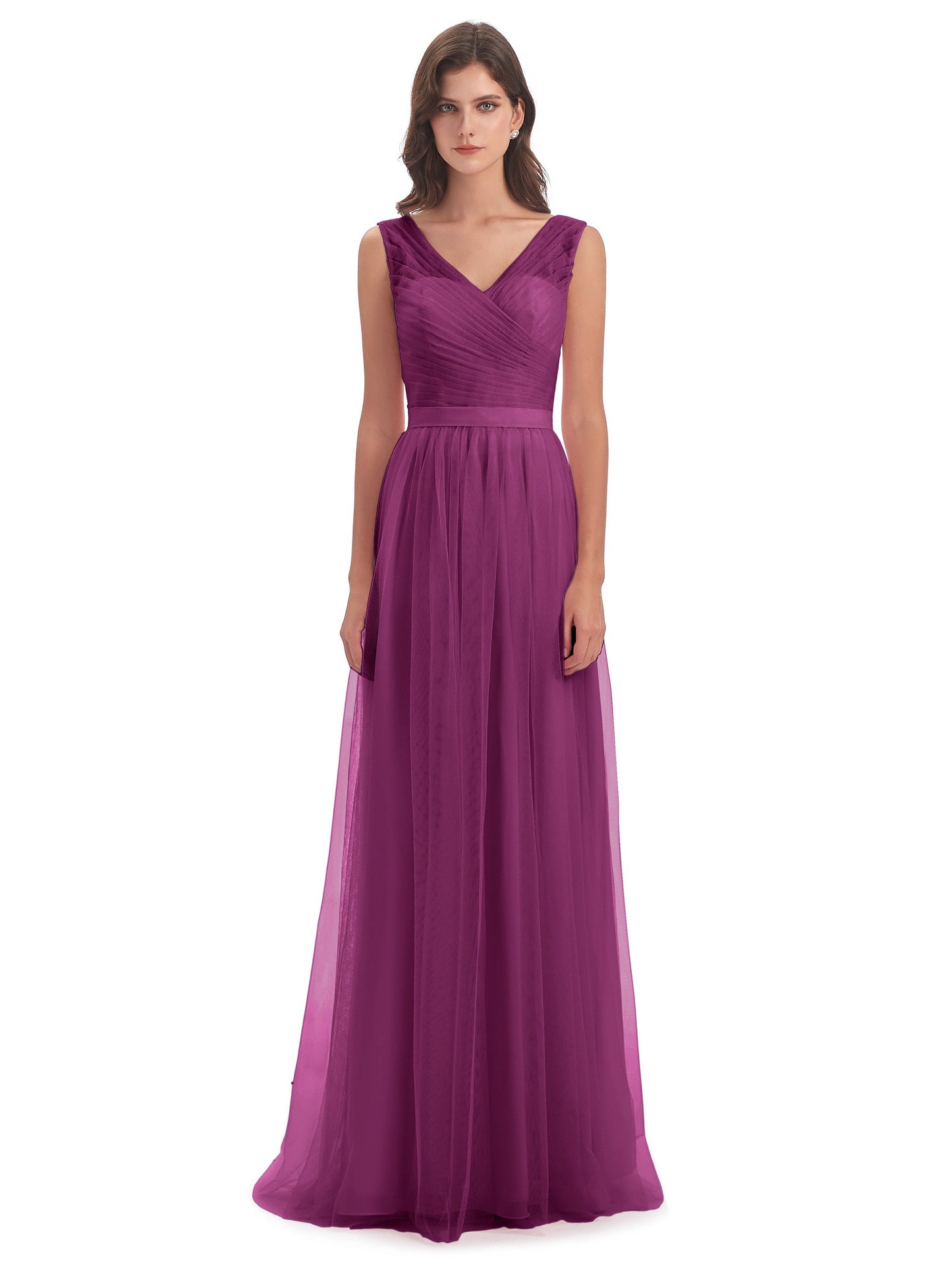 Mila Floor Length V-Neck Tulle Bridesmaid Dresses