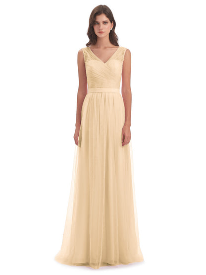Mila Floor Length V-Neck Tulle Bridesmaid Dresses