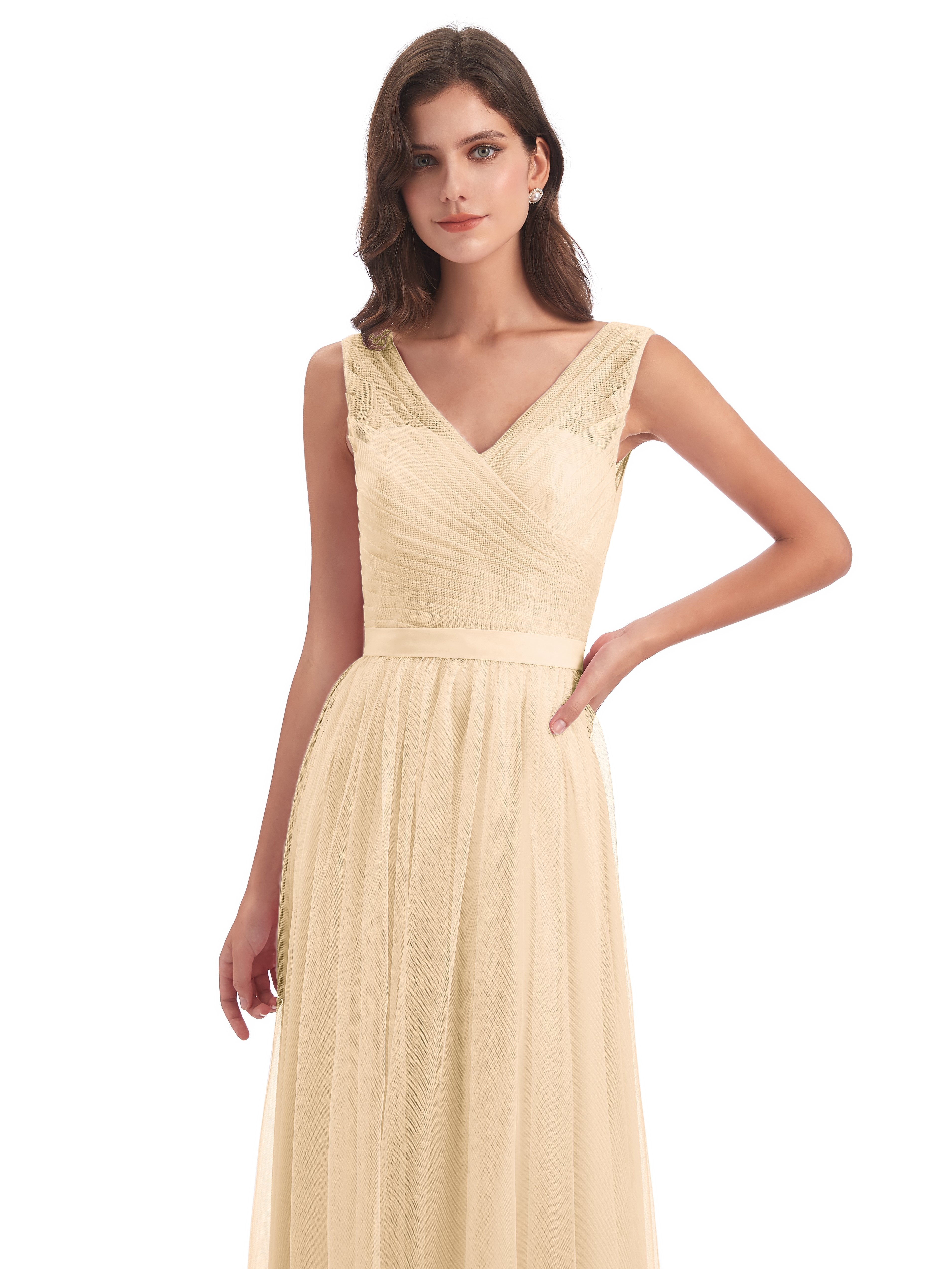 Mila Floor Length V-Neck Tulle Bridesmaid Dresses