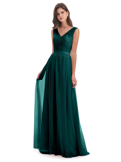 Mila Floor Length V-Neck Tulle Bridesmaid Dresses