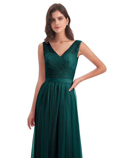 Mila Floor Length V-Neck Tulle Bridesmaid Dresses