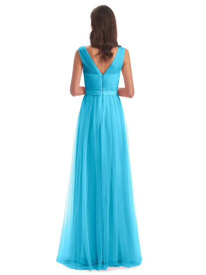 Mila Floor Length V-Neck Tulle Bridesmaid Dresses