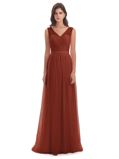Mila Floor Length V-Neck Tulle Bridesmaid Dresses