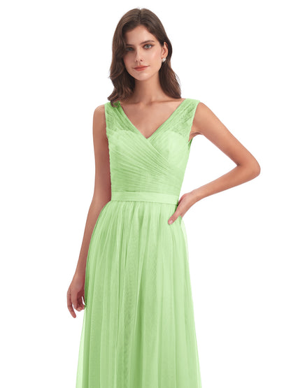 Mila Floor Length V-Neck Tulle Bridesmaid Dresses