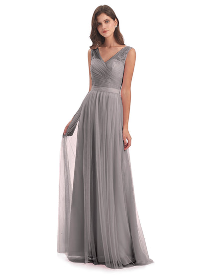 Mila Floor Length V-Neck Tulle Bridesmaid Dresses