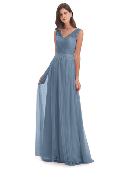 Mila Floor Length V-Neck Tulle Bridesmaid Dresses