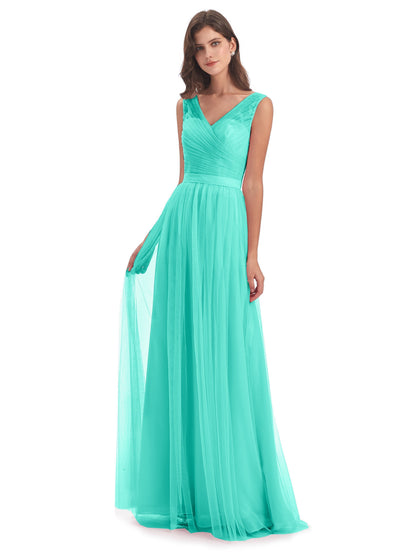 Mila Floor Length V-Neck Tulle Bridesmaid Dresses
