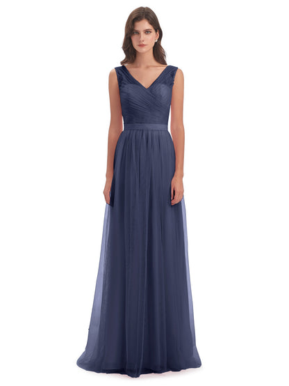 Mila Floor Length V-Neck Tulle Bridesmaid Dresses