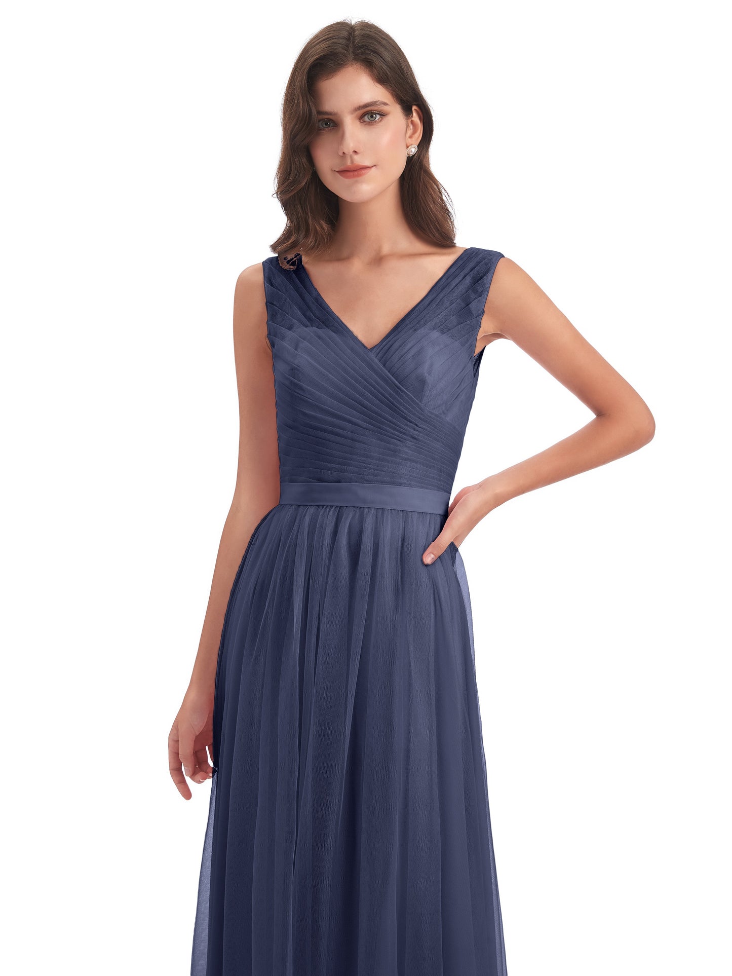 Mila Floor Length V-Neck Tulle Bridesmaid Dresses