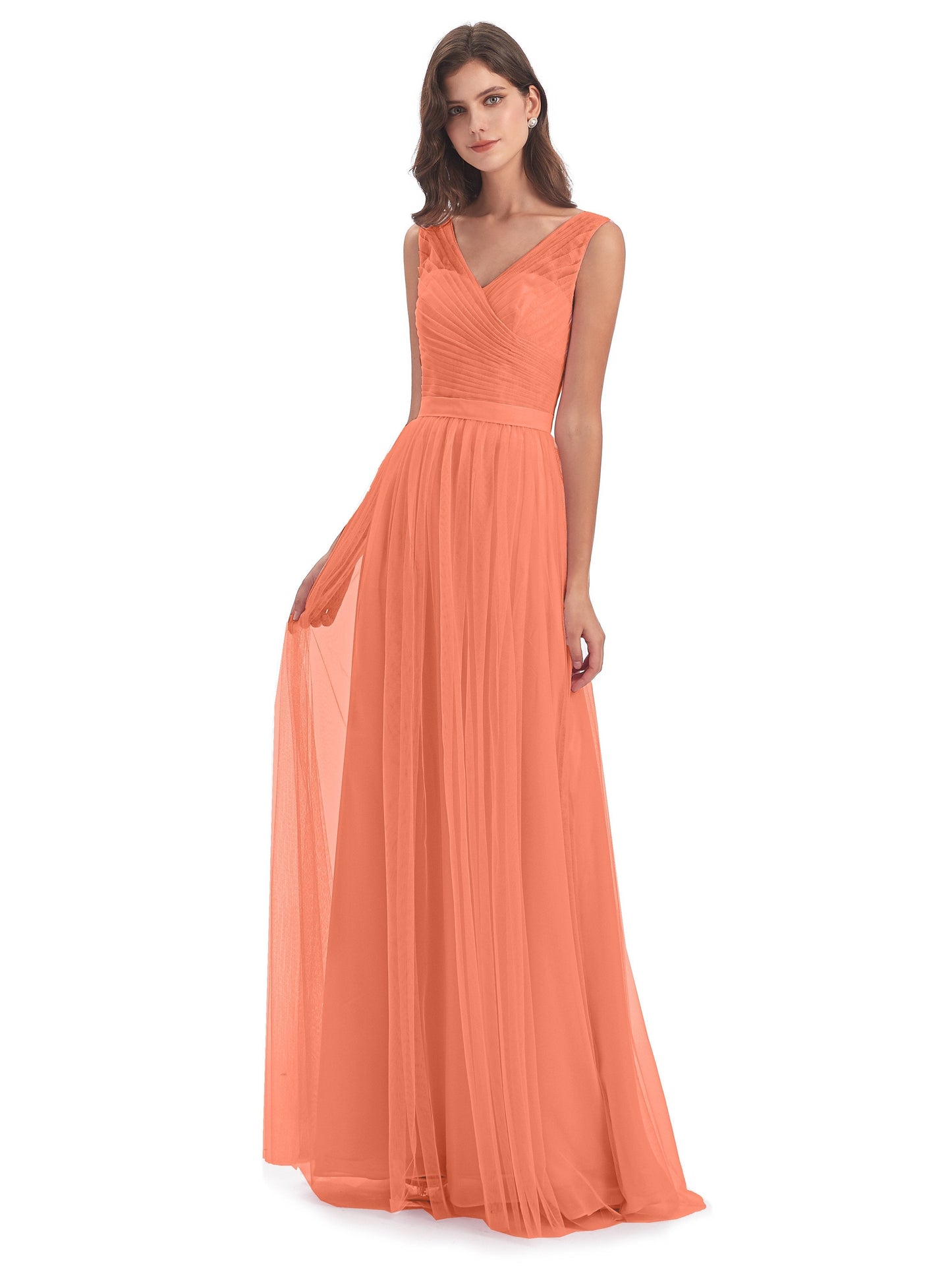 Mila Floor Length V-Neck Tulle Bridesmaid Dresses