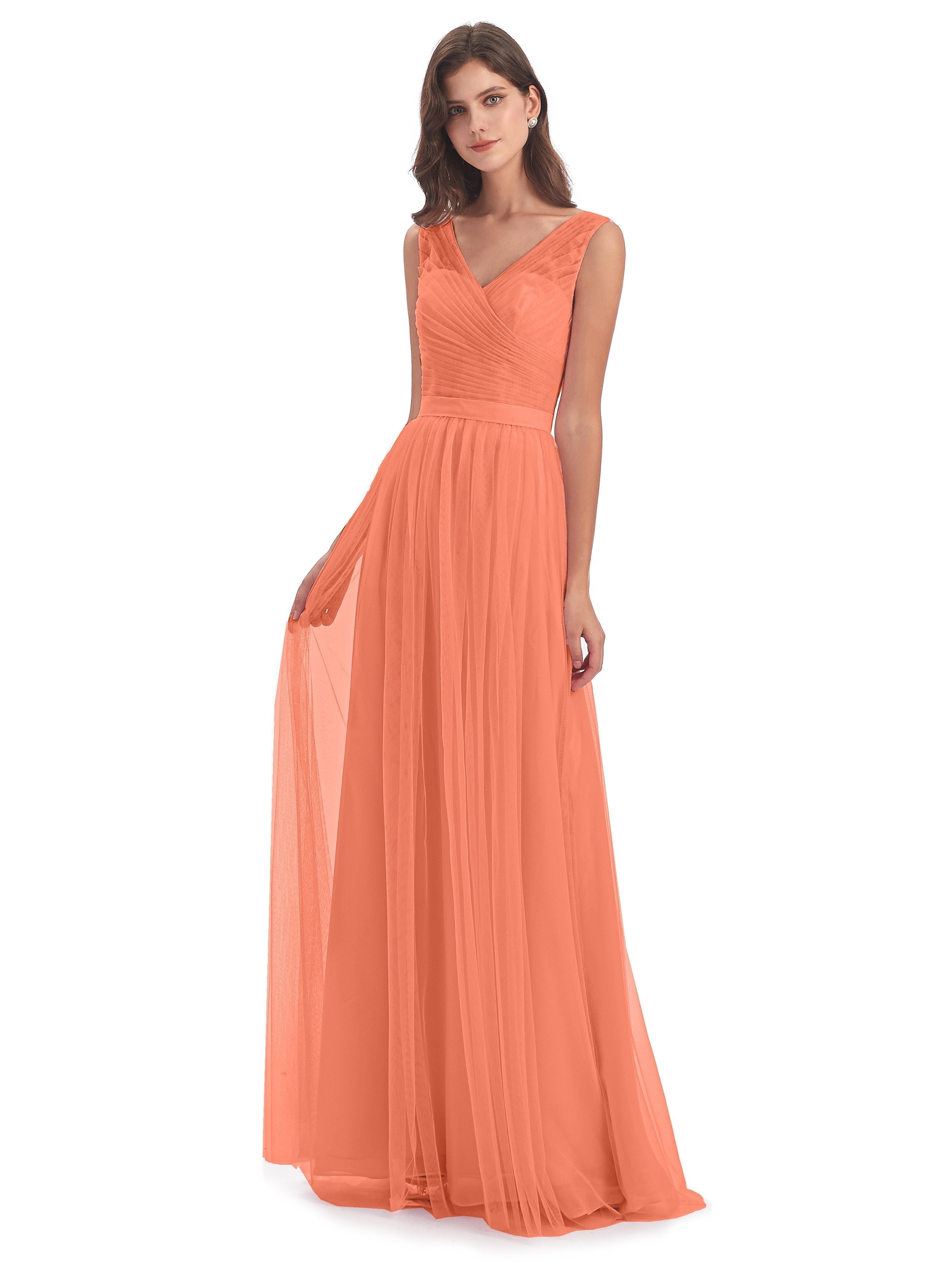 Mila Floor Length V-Neck Tulle Bridesmaid Dresses