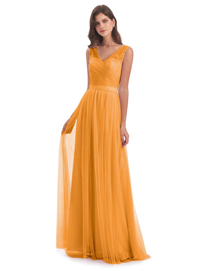Mila Floor Length V-Neck Tulle Bridesmaid Dresses