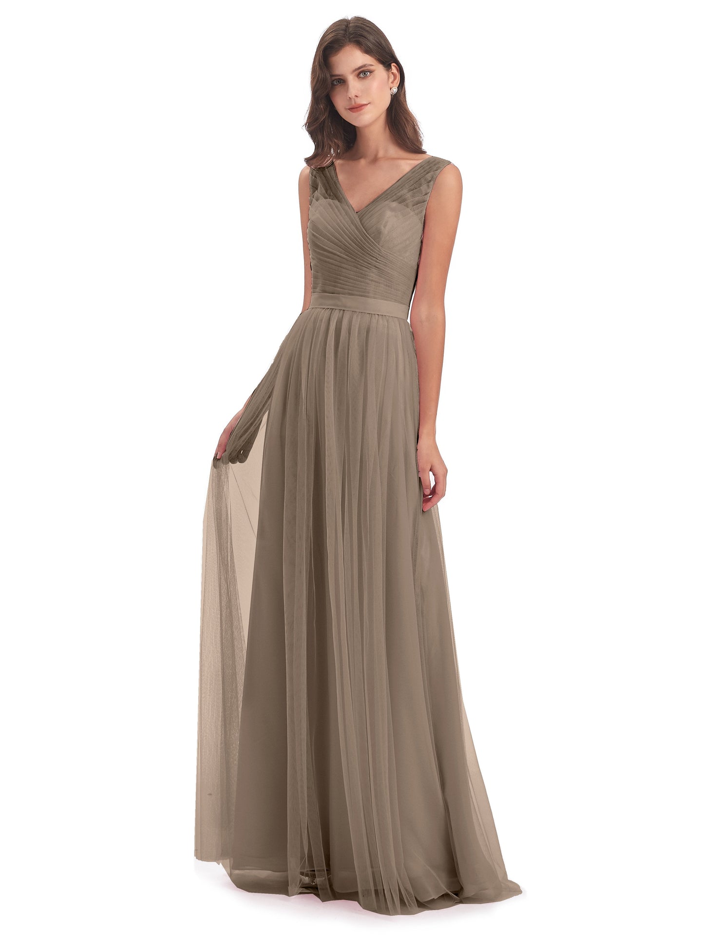 Mila Floor Length V-Neck Tulle Bridesmaid Dresses