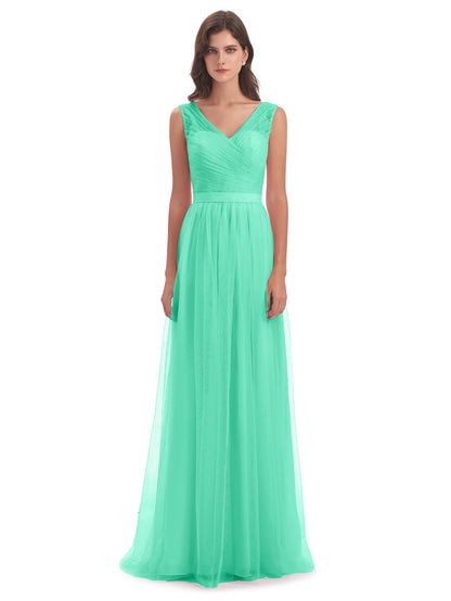 Mila Floor Length V-Neck Tulle Bridesmaid Dresses
