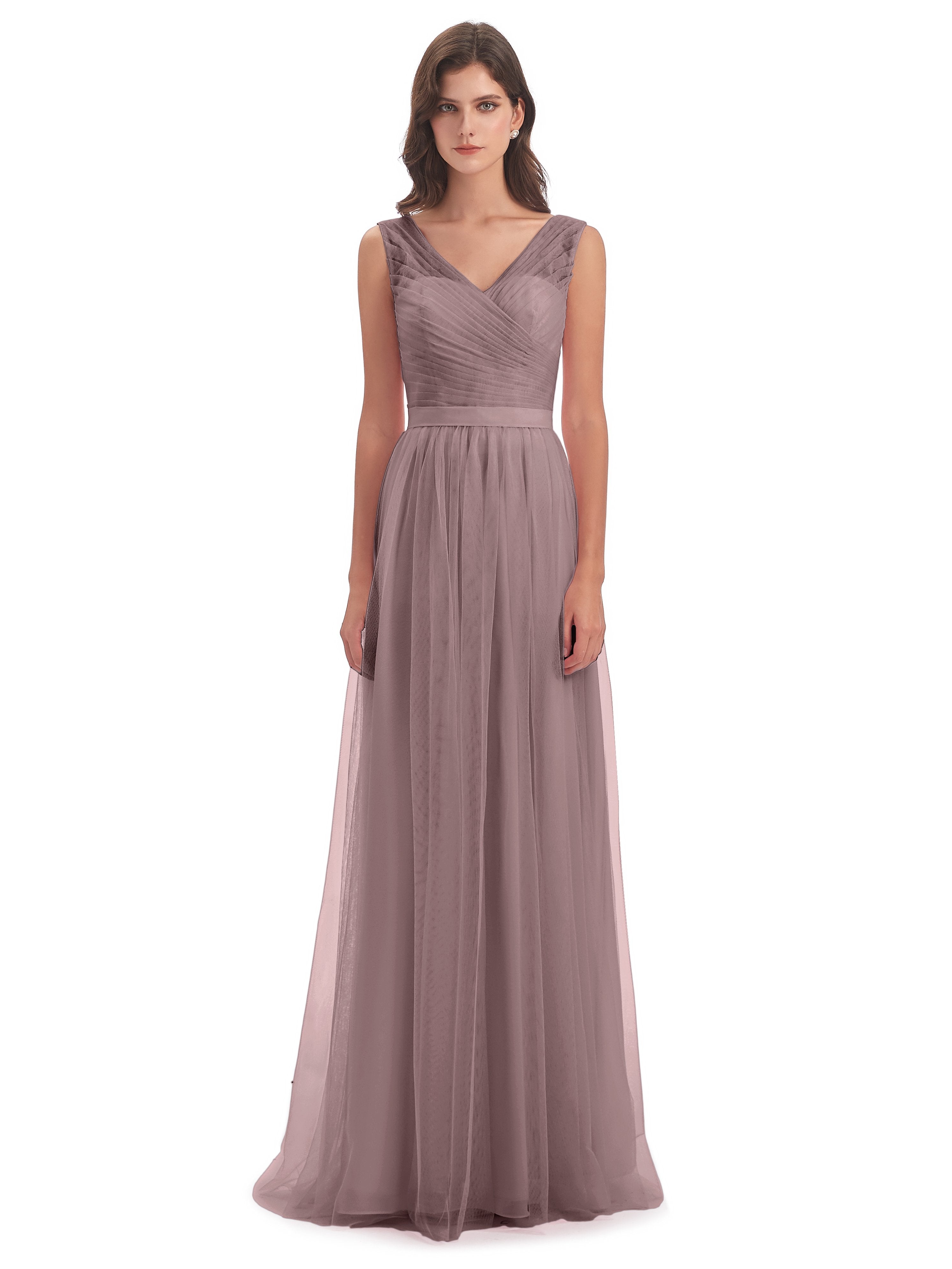 Mila Floor Length V-Neck Tulle Bridesmaid Dresses