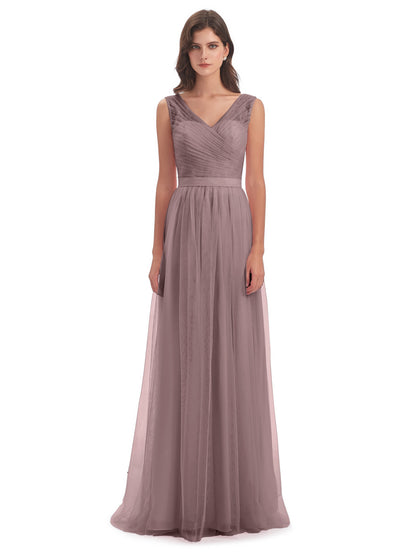 Mila Floor Length V-Neck Tulle Bridesmaid Dresses