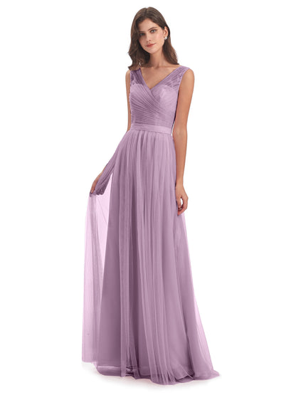 Mila Floor Length V-Neck Tulle Bridesmaid Dresses